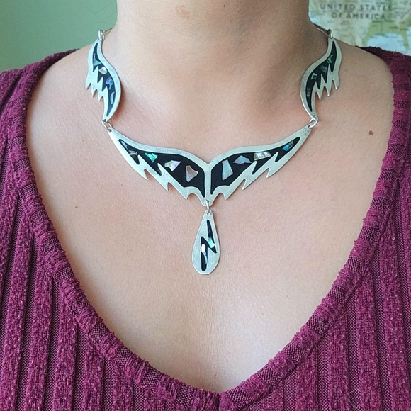 Vintage Mexican Alpaca Silver Abalone Shell Ornate Bib Necklace - Picture 4 of 16